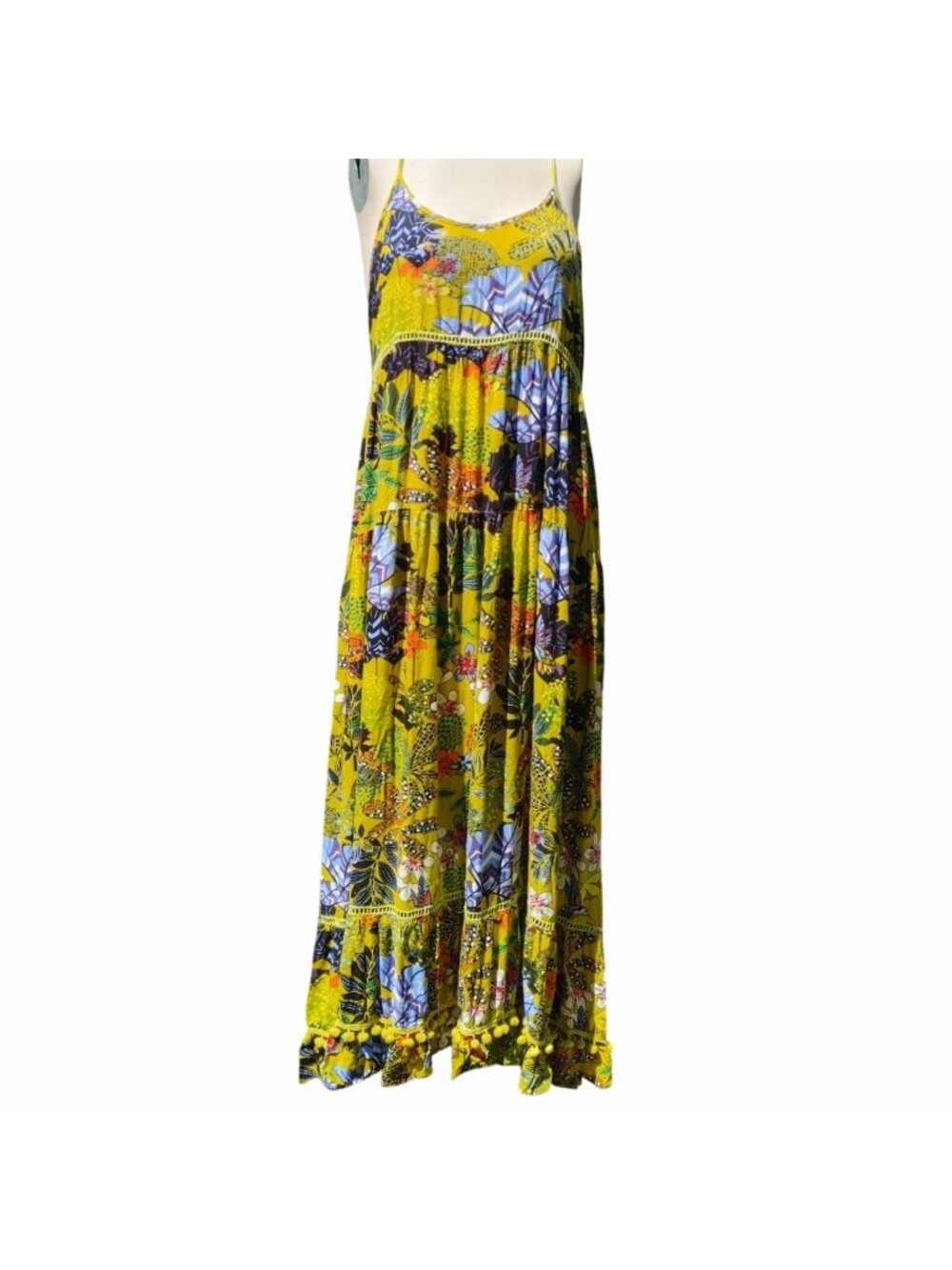 Boho Floral Maxi Dress Size Large American Beyond Pom Pom Trim Halter Tie Back